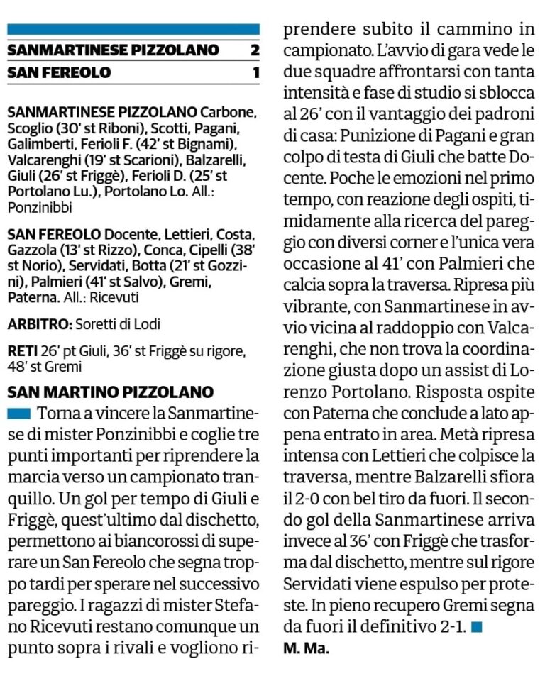 Sanmartinese Pizzolano – San Fereolo del 05/03/23